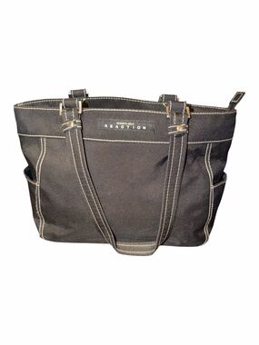 Kenneth Cole Reaction Black Canvas Shoulder Tote Bag Contrast Stitching